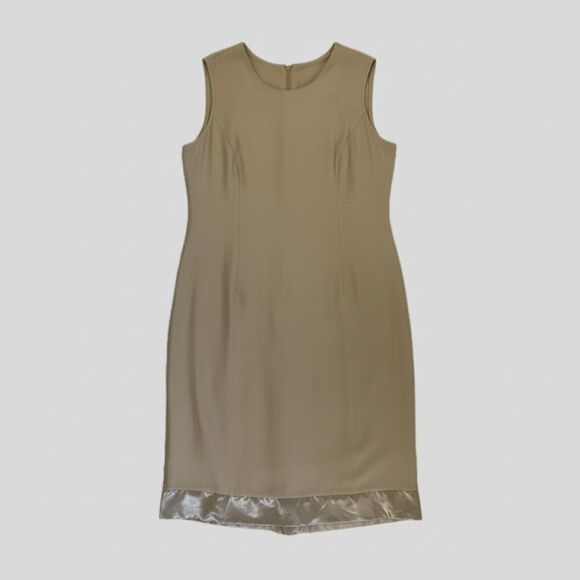 Vintage Tan Mocha Neutral Sleeveless Minimalist 90s Chic Satin Trimmed Dress - L - Picture 1 of 7